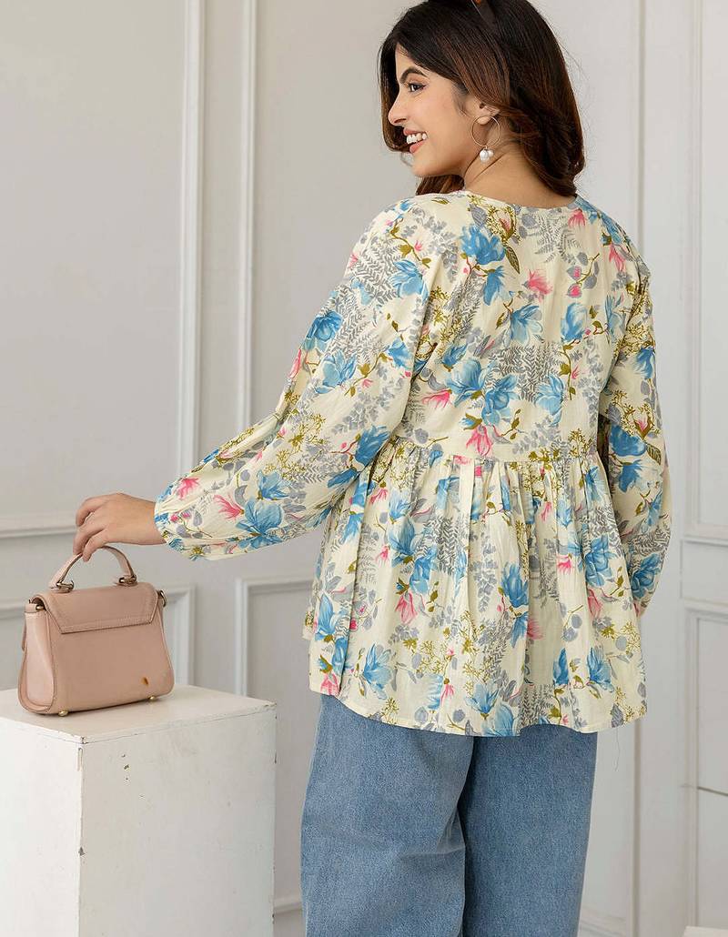 Off-white cotton printed top for women