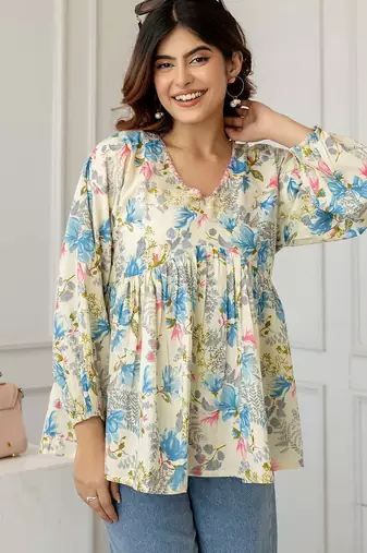 Off-white cotton printed top for women