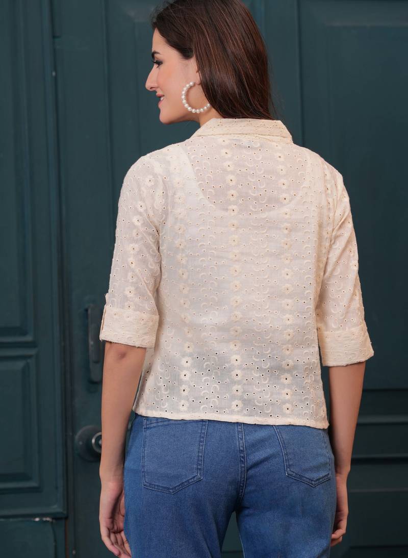 Off-white cotton printed top for women