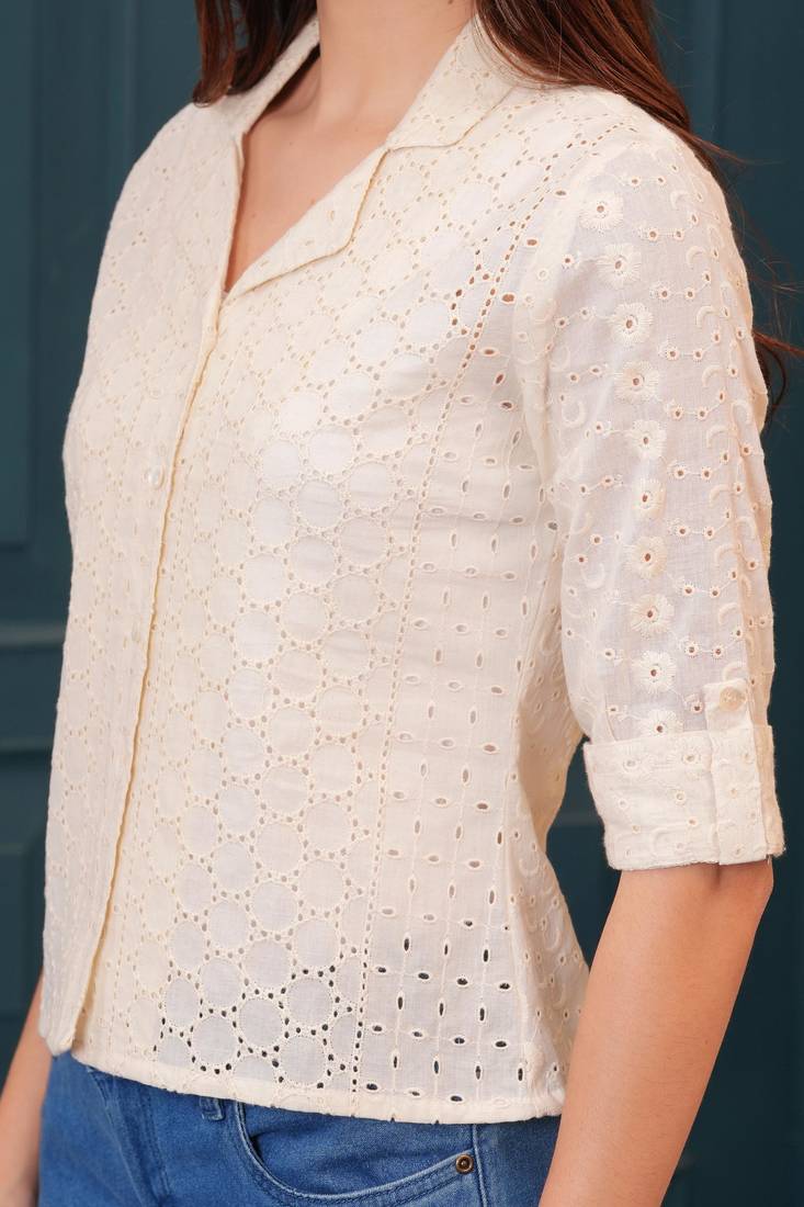 Off-white cotton printed top for women