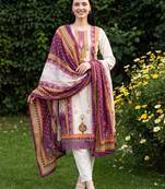 Cream printed straight kurta trousers with dupatta set