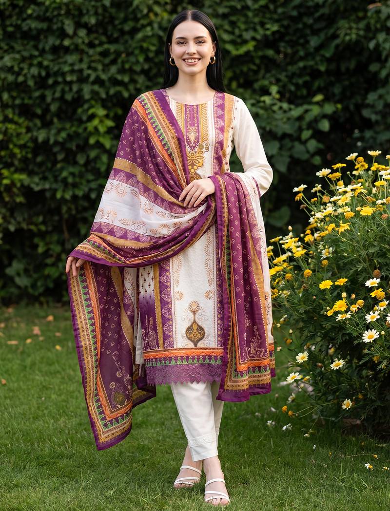 Cream printed straight kurta trousers with dupatta set