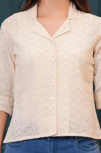 Off-white cotton printed top for women