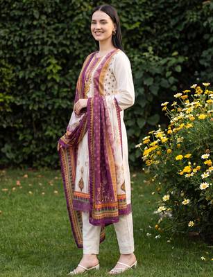 Cream printed straight kurta trousers with dupatta set 4