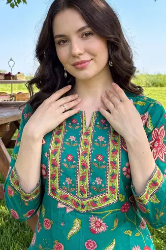 Green printed straight kurta palazzo with dupatta set