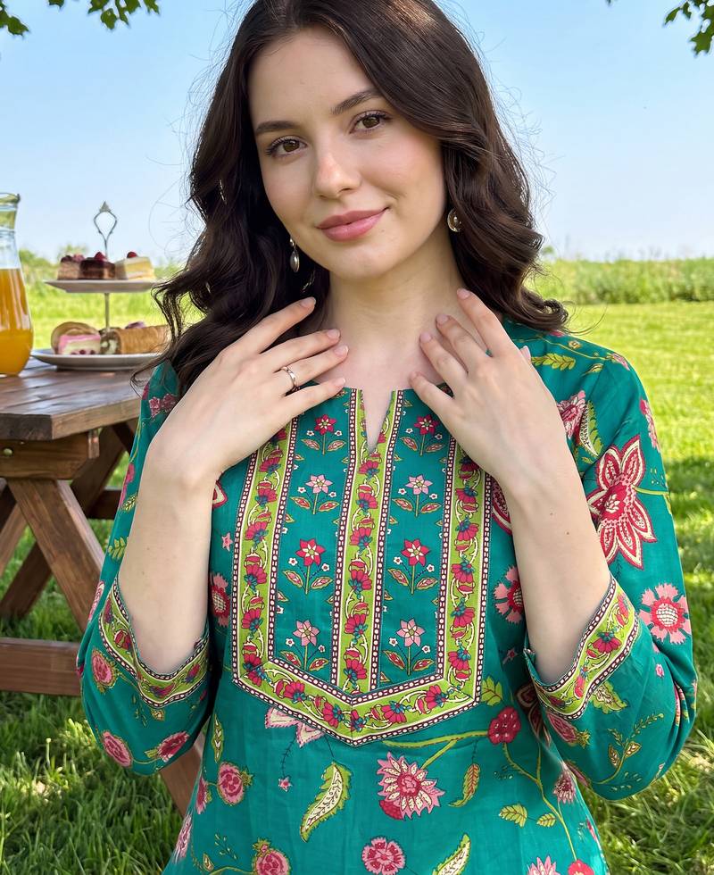 Green printed straight kurta palazzo with dupatta set
