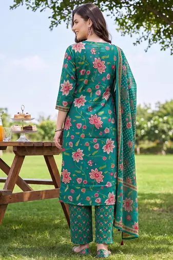 Green printed straight kurta palazzo with dupatta set