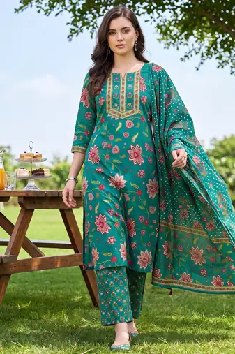 Green printed straight kurta palazzo with dupatta set