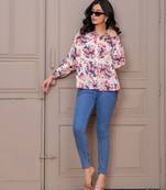 Off-white cotton printed top for women