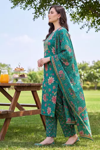 Green printed straight kurta palazzo with dupatta set