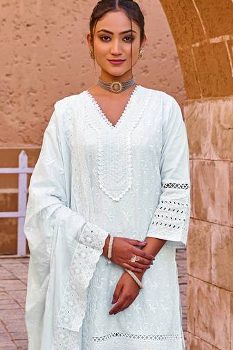Blue embroidered straight kurta trousers with dupatta set
