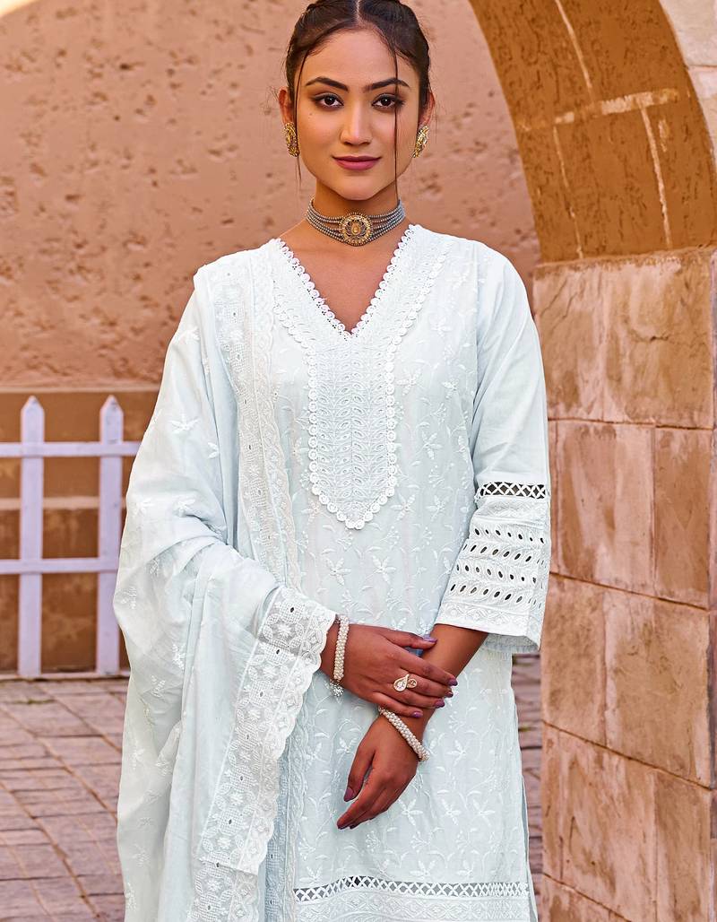 Blue embroidered straight kurta trousers with dupatta set