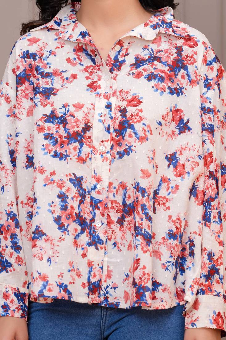 Off-white cotton printed top for women