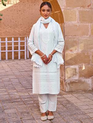 Blue embroidered straight kurta trousers with dupatta set 2