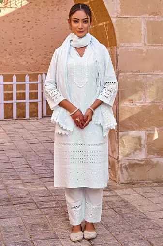 Blue embroidered straight kurta trousers with dupatta set