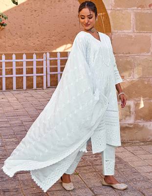 Blue embroidered straight kurta trousers with dupatta set 3