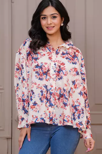 Off-white cotton printed top for women