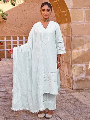 Blue embroidered straight kurta trousers with dupatta set 4