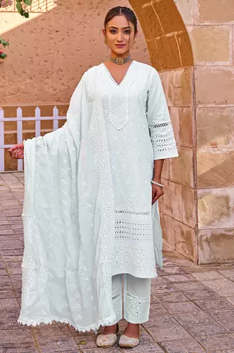 Blue embroidered straight kurta trousers with dupatta set