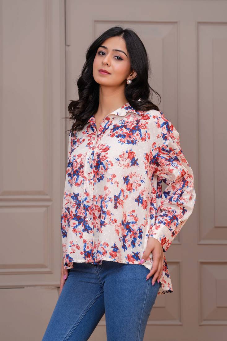 Off-white cotton printed top for women