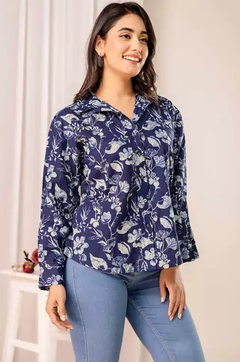 Blue cotton printed top for women