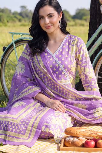 Lavender printed straight kurta salwar with dupatta set