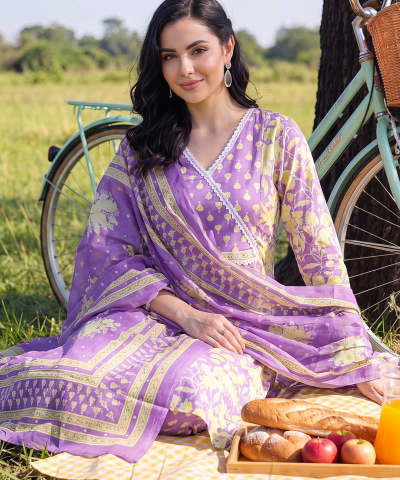 Lavender printed straight kurta salwar with dupatta set