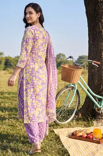 Lavender printed straight kurta salwar with dupatta set