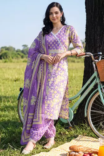 Lavender printed straight kurta salwar with dupatta set