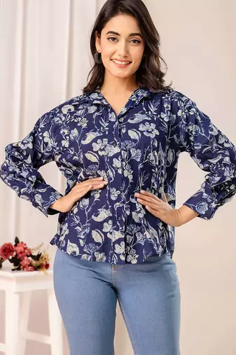 Blue cotton printed top for women