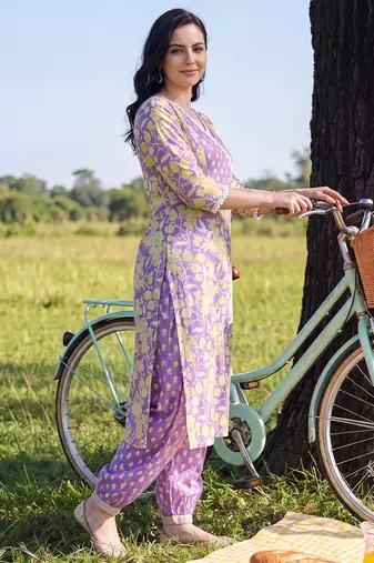 Lavender printed straight kurta salwar with dupatta set