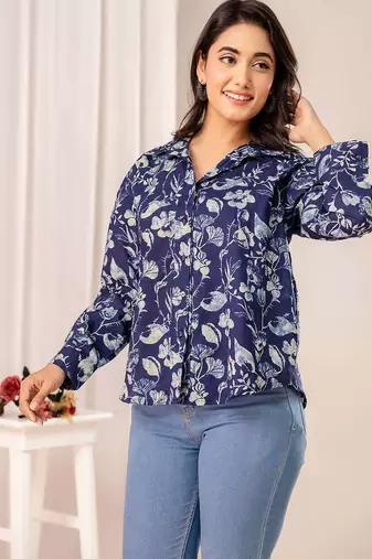 Blue cotton printed top for women