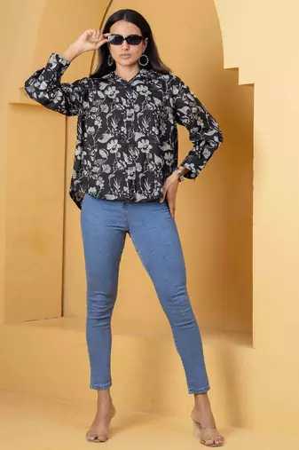 Black cotton printed top for women