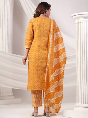 Mustard printed straight kurta trousers with dupatta set 2
