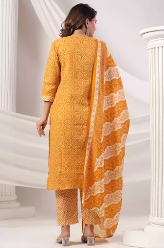 Mustard printed straight kurta trousers with dupatta set