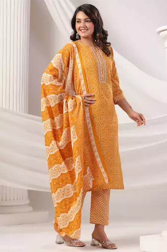 Mustard printed straight kurta trousers with dupatta set