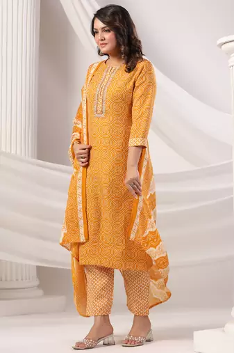 Mustard printed straight kurta trousers with dupatta set