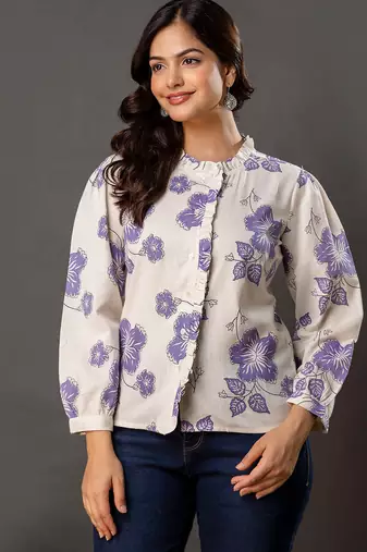 Off-white cotton printed top for women