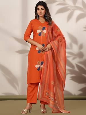 Orange embroidered straight kurta trousers with dupatta set 1