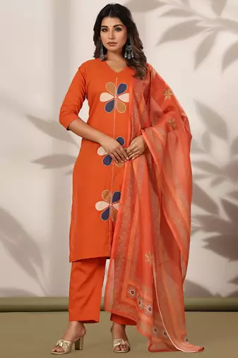 Orange embroidered straight kurta trousers with dupatta set