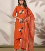 Orange embroidered straight kurta trousers with dupatta set