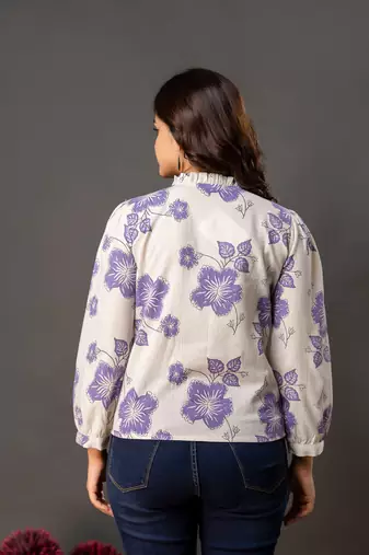 Off-white cotton printed top for women