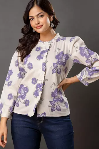 Off-white cotton printed top for women