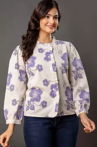 Off-white cotton printed top for women