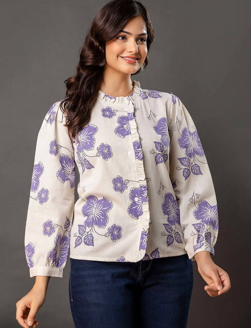 Off-white cotton printed top for women