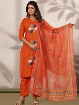 Orange embroidered straight kurta trousers with dupatta set 3