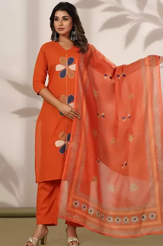 Orange embroidered straight kurta trousers with dupatta set