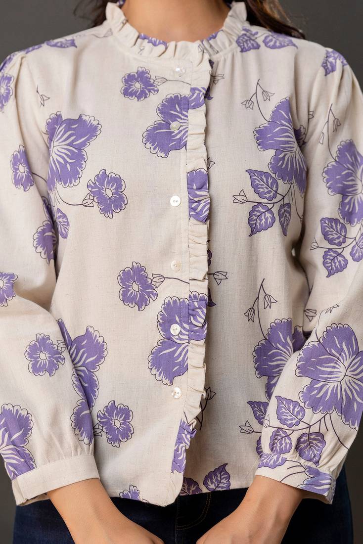 Off-white cotton printed top for women
