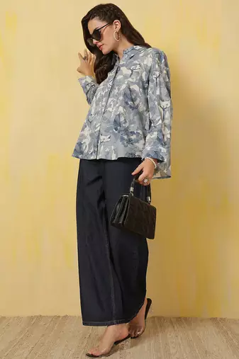 Blue cotton printed top for women
