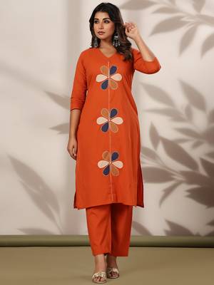 Orange embroidered straight kurta trousers with dupatta set 4